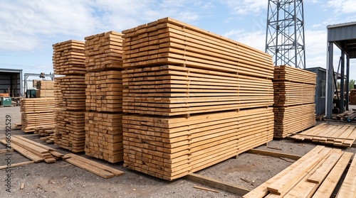 Large stacks of wooden planks organized and stored neatly in a commercial lumber yard