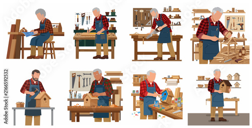 Foto Set of vector illustrations showing a senior carpenter in a workshop making a bi