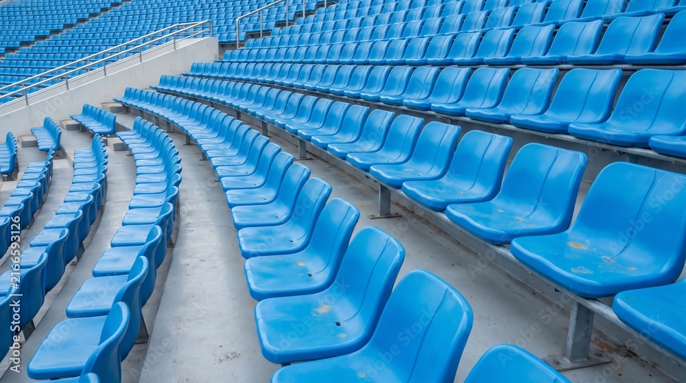 Naklejka premium Symmetrical Rows of Empty Blue Plastic Seats in a Large Outdoor Sports Stadium