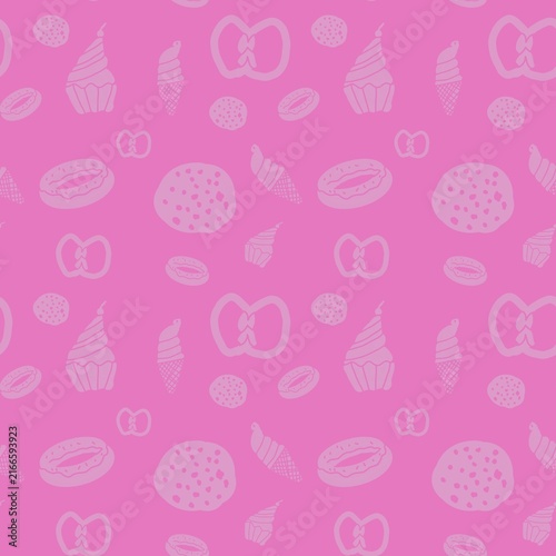 Cute pink seamless dessert pattern with ice cream, cupcakes, cookies and donuts
