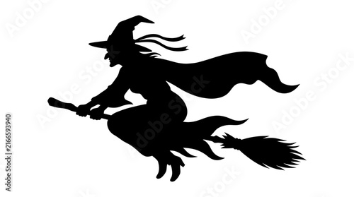 Halloween witch silhouette flying on broomstick, halloween witch outline, spooky magic vector illustration, black on white, horror design Vector