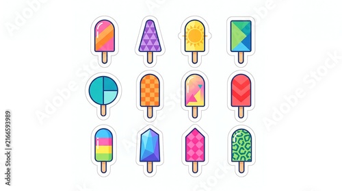 A collection of 12 colorful cartoon popsicle icons in a 3x4 grid, each featuring unique geometric patterns like stripes, plaid, and gradients.