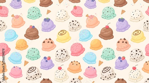 A fun cartoon pattern background featuring colorful ice cream scoops with berries, chocolate sauce, and sprinkles, scattered with small waffle cones.