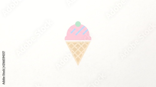 A pink ice cream in a light brown waffle cone, decorated with three blue diagonal stripes and green dots, isolated on a pure white background.