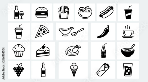 Set of Fast Food and Restaurant Icons in Black and White Outline Style