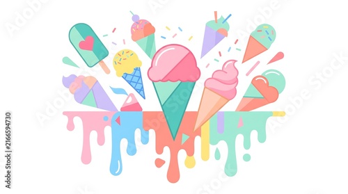 Vibrant colorful ice cream illustration with cones and popsicles. Features pink, blue, green, yellow colors, sprinkles, melting drips.