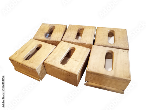 Six Rustic Wooden Tissue Boxes Arranged on White Background