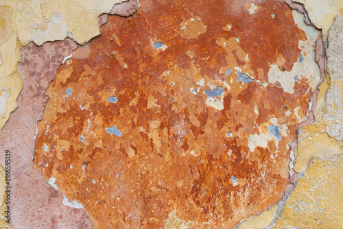 Old grunge texture with warm brown, orange, and yellow tones, featuring cracked paint, peeling surfaces, rough details, and a weathered vintage look.