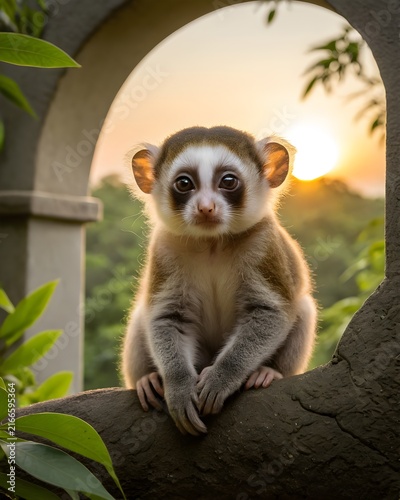 A sun toned young baby pygmy slow loris in a spirit archway