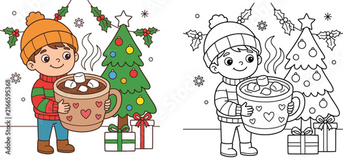Cute boy holding hot chocolate with marshmallows near Christmas tree coloring page and colored cartoon vector illustration for kids winter holiday activity