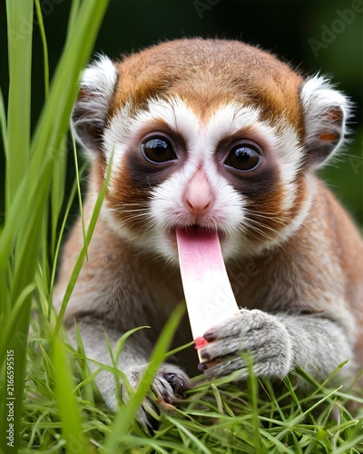 A  pygmy slow loris in a meadow, eating a ginger root.