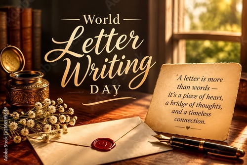 World letter writing day concept with vintage envelope wax seal inkwell and beautiful inspirational quote on antique textured paper surface