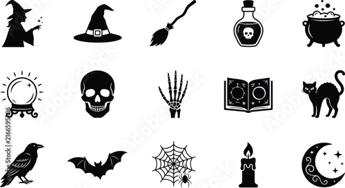 Set of black and white hand drawn halloween icons featuring magical elements and spooky occult symbols for design