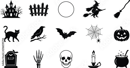 Set of black silhouette icons for halloween featuring spooky characters and traditional festive symbols on white background