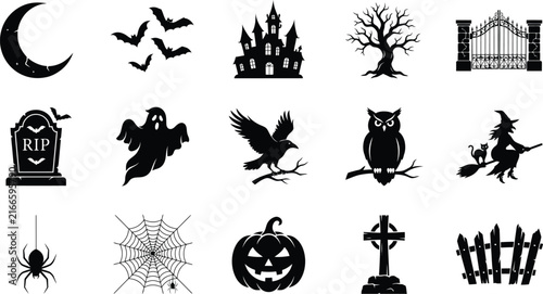 Set of black halloween silhouette icons featuring pumpkins ghosts bats trees and other spooky holiday themed design elements