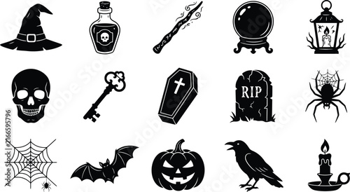 Set of hand drawn halloween icons featuring spooky elements like skulls pumpkins bats and witch hats in black ink