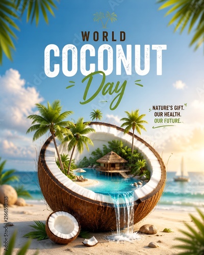 World coconut day celebration poster featuring a surreal tropical island paradise housed inside a giant cracked nut with flowing water