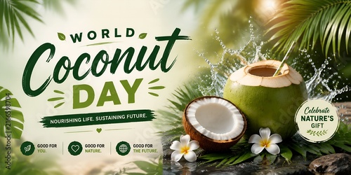 Fresh green coconut with water splashing sits on tropical leaves celebrating world coconut day in vibrant summer lighting atmosphere today