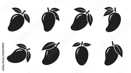 Set of Black Mango Fruit Silhouettes with Leaves on a White Background