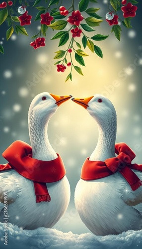 Two white geese wearing red scarves in a festive winter scene