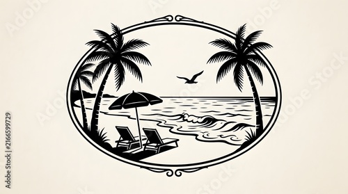 Vintage Black and White Tropical Beach Oval Illustration with Palm Trees, Lounge Chairs, and Seabirds