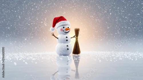 Happy Snowman Wearing Santa Hat Holding Broom with Snow Falling - Christmas Festive Winter Holiday Scene