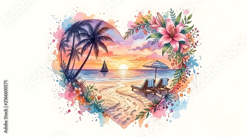 Watercolor Tropical Beach Sunset with Palm Trees, Flowers, Ocean Waves, and Sailboat