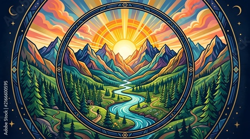 Surreal Mountain Valley Sunrise with Winding River, Pine Forest, and Cosmic Decorative Frame