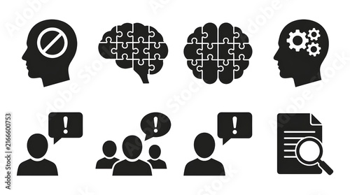 Black Cognitive Health and Medical Research Icon Set with Brain, Puzzle, Prohibition, Group, and Document Symbols