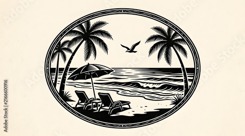 Vintage Black and White Tropical Beach Oval Illustration with Palm Trees, Lounge Chairs, and Seabirds