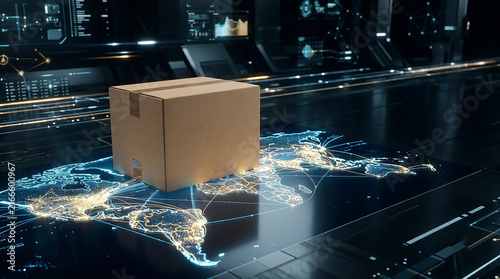 Cardboard box on digital world map representing global logistics and international shipping.