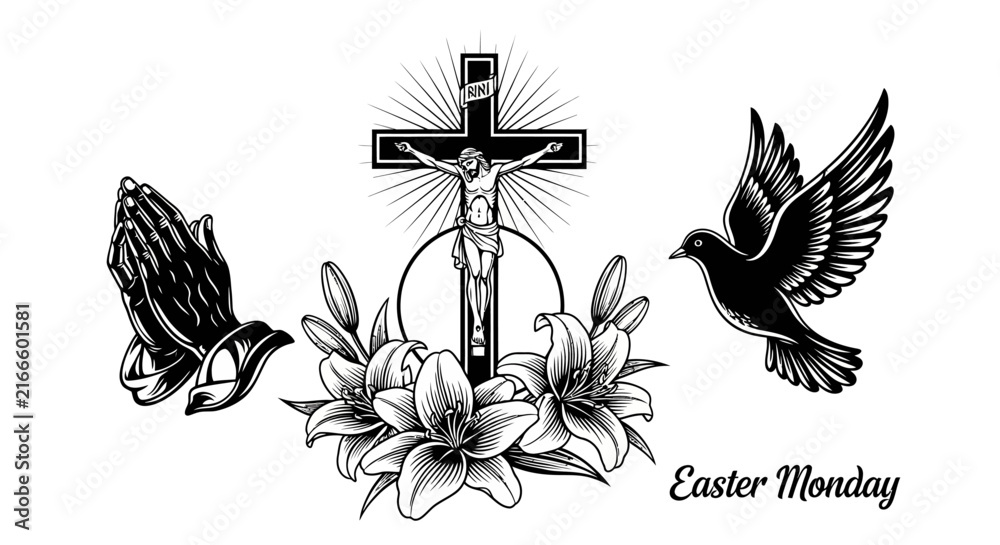 Fototapeta premium Easter monday religious symbols with cross praying hands dove with symbols including crucifix white illustration easter depicts black white with Christianity