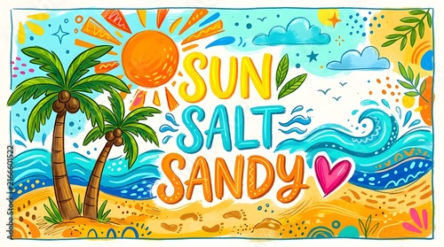 Colorful Sun Salt Sandy Beach Poster with Palm Trees, Ocean Waves, and Tropical Typography