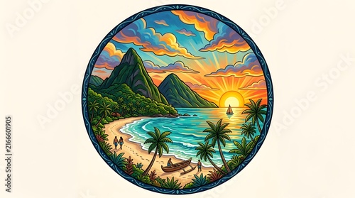 Circular Tropical Island Sunset Landscape with Palm Trees, Lagoon, Mountains, and Beach