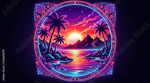 Neon Tropical Sunset Over Ocean with Palm Trees in Vibrant Retro Frame