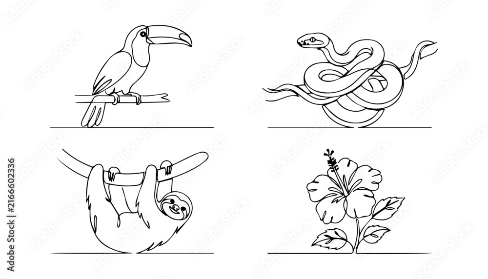 Naklejka premium Continuous line art tropical animals vector set with toucan sloth snake and flower icons
