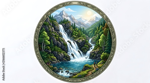 Circular Emblem Featuring Mountain Waterfall, Forest River, and Scenic Wilderness