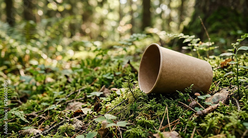 Empty cardboard coffee cup discarded on green forest moss in nature