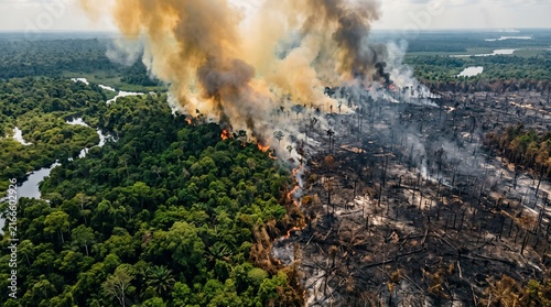 Aerial view of burning rainforest showing environmental destruction