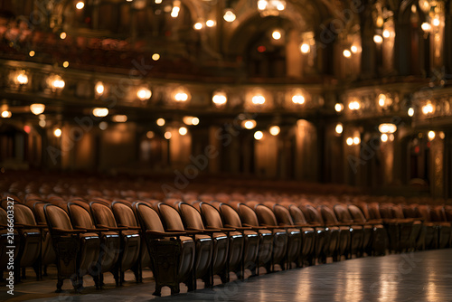 Empty, grand theater with rows of plush red velvet seats, illuminated by warm lights. Focus on front seats and stage, conveying elegance and anticipation.