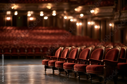Empty, grand theater with rows of plush red velvet seats, illuminated by warm lights. Focus on front seats and stage, conveying elegance and anticipation.