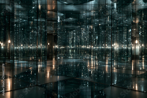 An immersive mirror room creating an infinite, dazzling illusion with warm glowing lights reflecting endlessly, creating a complex, disorienting maze-like space.