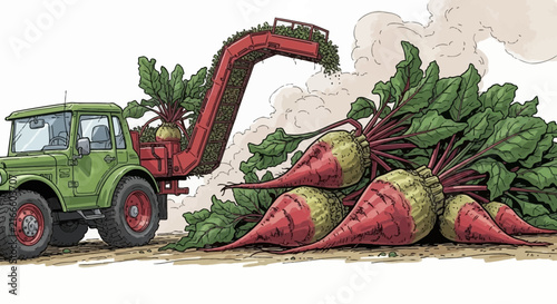 Green Tractor Harvesting Large Red Sugar Beets in Agricultural Field During Seasonal Harvest