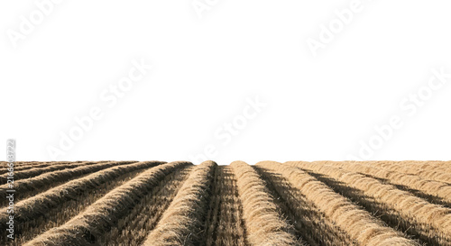 Low Angle View of Harvested Wheat Field Rows Leading Toward a Clear White Horizon for Agricultural Landscape Concept