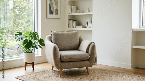 Empty armchair in modern office interior with houseplant and bookshelf