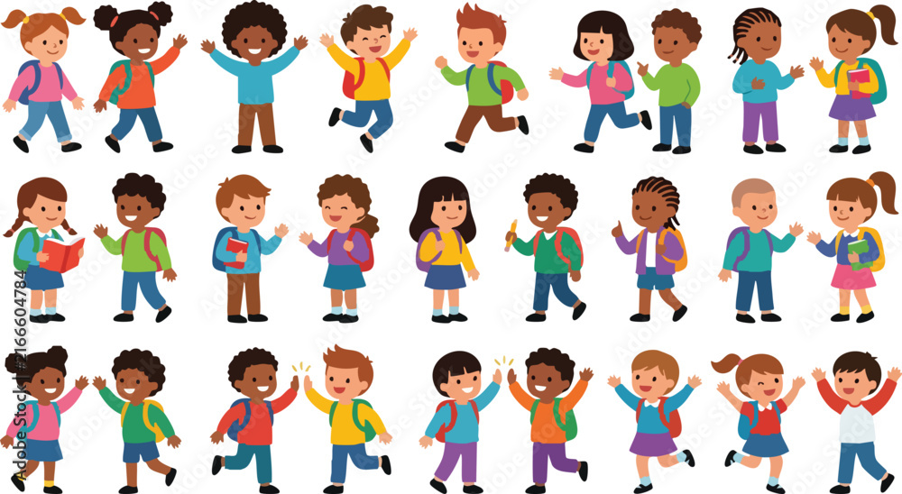 Fototapeta premium Flat Vector Set of Diverse Happy School Children Standing, Walking, Jumping and Raising Hands