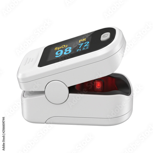 Fingertip Pulse Oximeter with Red Light Display on Transparent Background