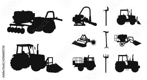 Bild auf Leinwand Collection of agricultural machinery and tools in black silhouette with black si