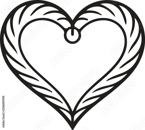 Elegant Hand Drawn Heart Frame with Feather and Leaf Details, Romantic Love Symbol, Decorative Black Outline Vector Illustration for Wedding Invitations, Valentine Cards and Print Art
