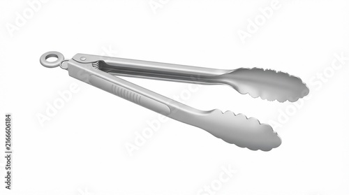 Stainless steel kitchen tongs isolated on white background, cooking utensil for food preparation